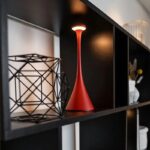 Lampe de décoration scientifique rouge moderne sur étagère noire, ajoutant une touche contemporaine à la décoration intérieure.