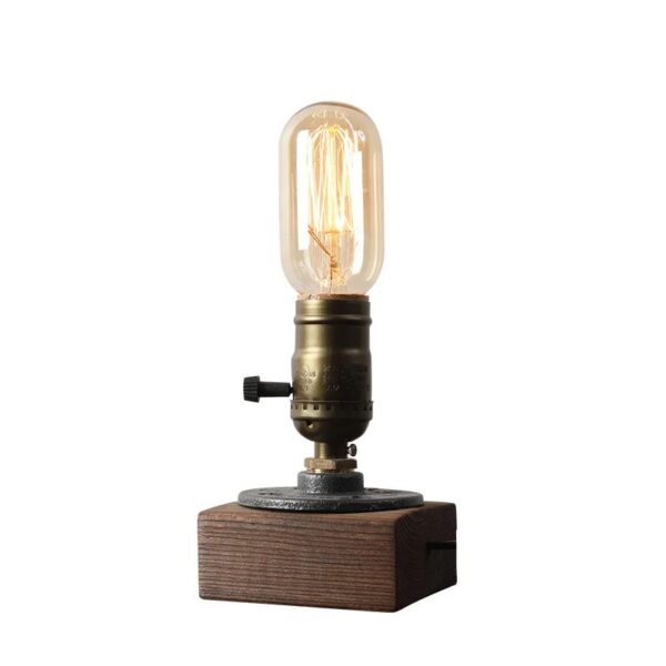 AMPoule vintage éclairage industriel en verre avec filament visible, sur socle en bois pour décoration de style industriel ou scientifique.