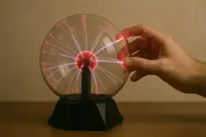 Boule de plasma avec décharges électriques visibles, manipulée par une main, sur fond neutre, illustrant un objet scientifique pour décoration ou étude.