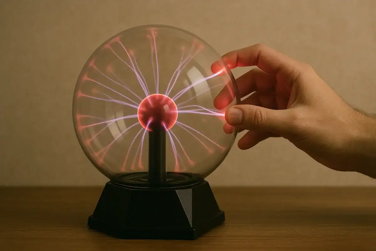 Boule de plasma avec décharges électriques visibles, manipulée par une main, sur fond neutre, illustrant un objet scientifique pour décoration ou étude.