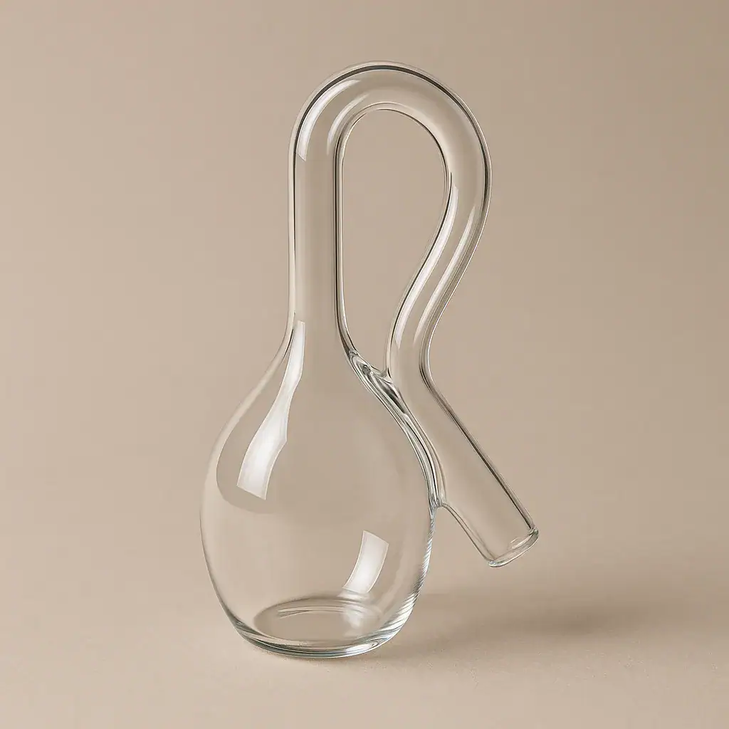 Vase en verre transparent en forme de ballon de laboratoire avec un long tube courbé, idéal pour la décoration scientifique ou de laboratoire.