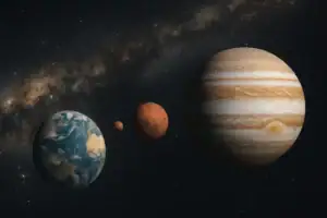 Planètes du système solaire dans l'espace cosmique, incluant la Terre, Mars et Jupiter, avec la Voie lactée en arrière-plan.