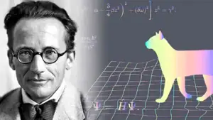 Image représentant Albert Einstein avec équations et un chien coloré en 3D.