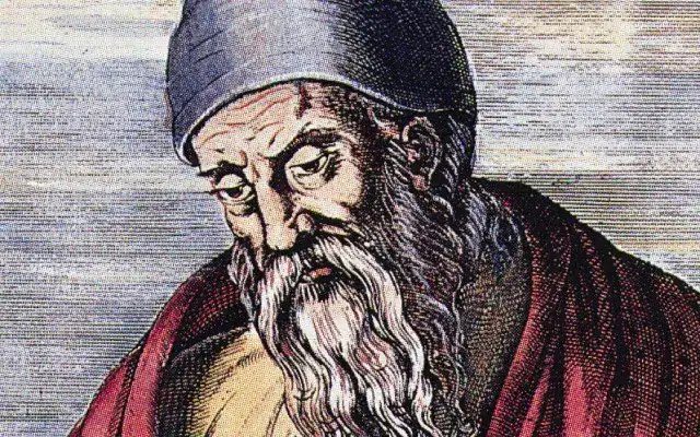 Un vieil homme avec un long barbe et un bonnet, représentant un scientifique ou un penseur historique, illustré dans un style artistique détaillé.