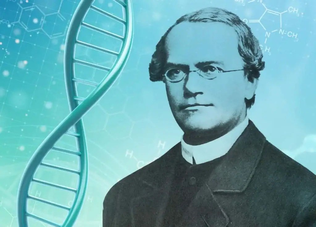 Portrait d'un scientifique avec double hélice ADN en arrière-plan, symbolisant la recherche et la biologie moléculaire.