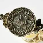 Pendentif en métal représentant un médaillon avec un serpent enroulé, entouré d’un motif celtique, idéal pour la décoration ou la collection scientifique.