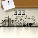 Accessoire de décoration scientifique avec illustrations de molécules et instruments de chimie.