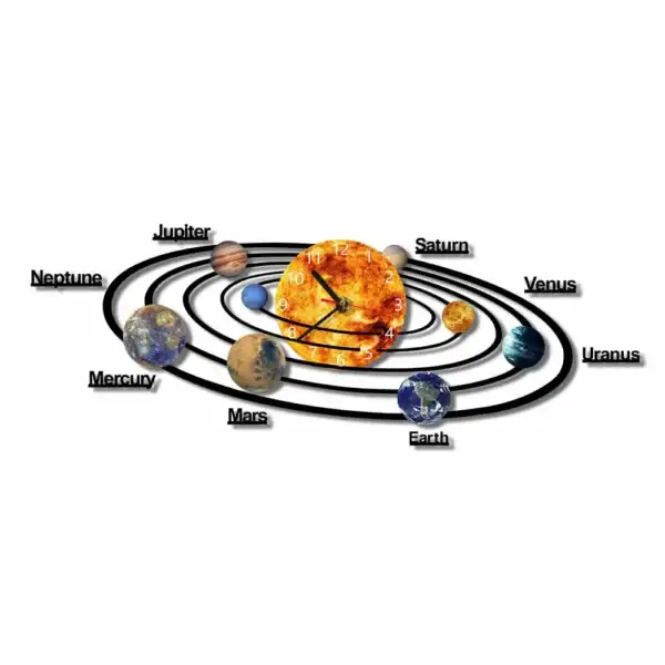 Une représentation artistique du système solaire avec les planètes et une horloge intégrée au centre, idéale pour l'apprentissage et la décoration scientifique.
