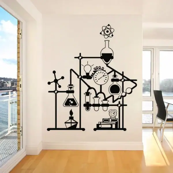Décoration murale scientifique avec illustrations de laboratoire, comprenant fioles, horloge, et équipements de chimie, idéale pour un intérieur moderne ou un espace éducatif.