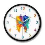 Horloge murale artistique avec un design coloré de peinture éclaboussée, combinant science et décoration intérieure. Parfaite pour un espace moderne ou scientifique.