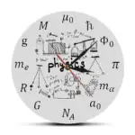 Horloge murale avec illustrations de concepts de physique, incluant formules, diagrammes et symboles scientifiques, idéale pour décoration de bureau ou salle d'étude.