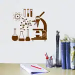 Décoration murale scientifique avec microscope, fioles et molécules, idéale pour un espace éducatif ou de décoration thématique.