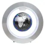 Globe terrestre lumineux avec éclairage LED dans un cadre en métal, illustrant la géographie mondiale avec un design contemporain.