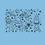 Vaisseau spatial, fusée, planète, astronautes et étoiles illustrés en style dessin sur fond bleu. Parfait pour décoration scientifique ou thématique espace.