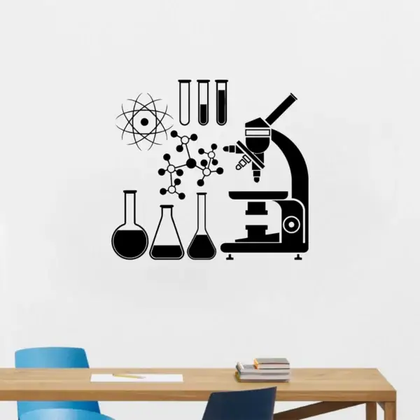 Illustration d'un laboratoire scientifique avec microscope, fioles, molécules et atomes, parfait pour la décoration de votre espace scientifique ou éducatif.