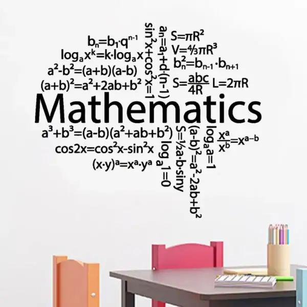 Illustration de concepts mathématiques et scientifiques avec des formules et symboles, idéale pour la décoration d'espace éducatif ou scientifique.