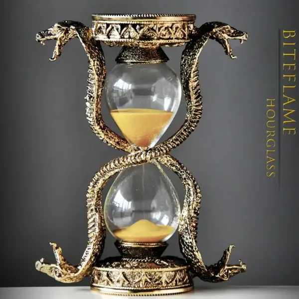 Horloge en forme de sablier avec un cadre en serpent doré, décoration de style scientifique et mystique, idéale pour la décoration de bureau ou de salon.