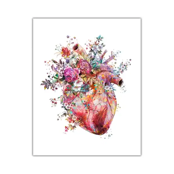 Illustration artistique d'un cœur humain entouré de fleurs colorées, combinant anatomie et nature dans un style watercolor vibrant.