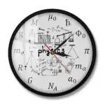 Horloge physique avec illustrations de formules et concepts scientifiques.