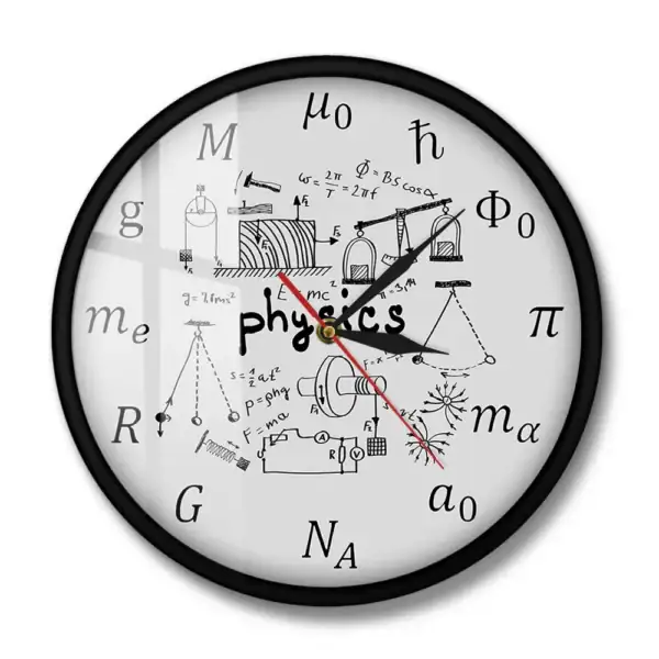 Horloge physique avec illustrations de formules et concepts scientifiques.