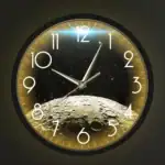 Horloge murale avec design d'espace, étoiles et lune, idéale pour décoration scientifique et moderne.