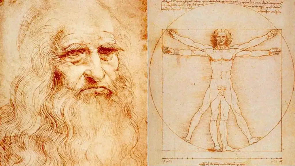 Dessin de Léonard de Vinci représentant un portrait de l'homme de Vitruve, illustrant les proportions idéales du corps humain dans un cercle et un carré.
