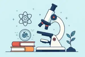 Microscope de laboratoire avec livres et symbole atomique, illustrant la recherche scientifique et l'apprentissage en sciences naturelles.
