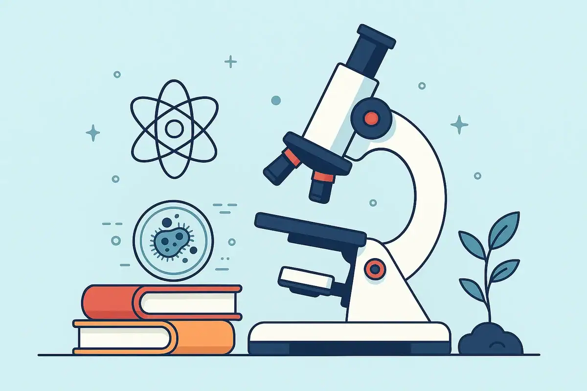 Microscope de laboratoire avec livres et symbole atomique, illustrant la recherche scientifique et l'apprentissage en sciences naturelles.