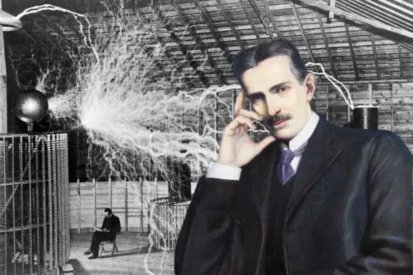 Illustration d'un homme en costume vintage dans un laboratoire avec une expérience électrique, évoquant la science et la découverte.