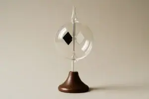 Une sphère en verre avec deux formes géométriques (carré noir et blanc) à l’intérieur, posée sur une base en bois, illustrant un objet scientifique décoratif.