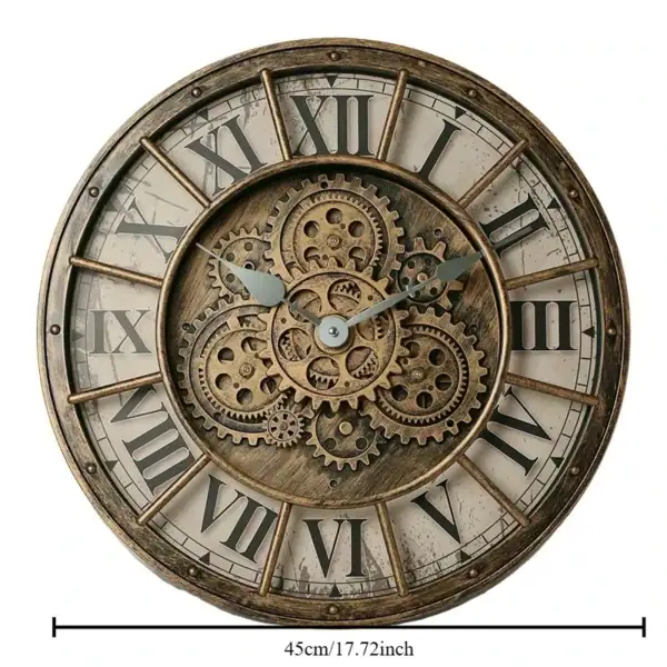 Horloge murale vintage avec engrenages en bois et chiffres romains, décoration industrielle pour intérieur.