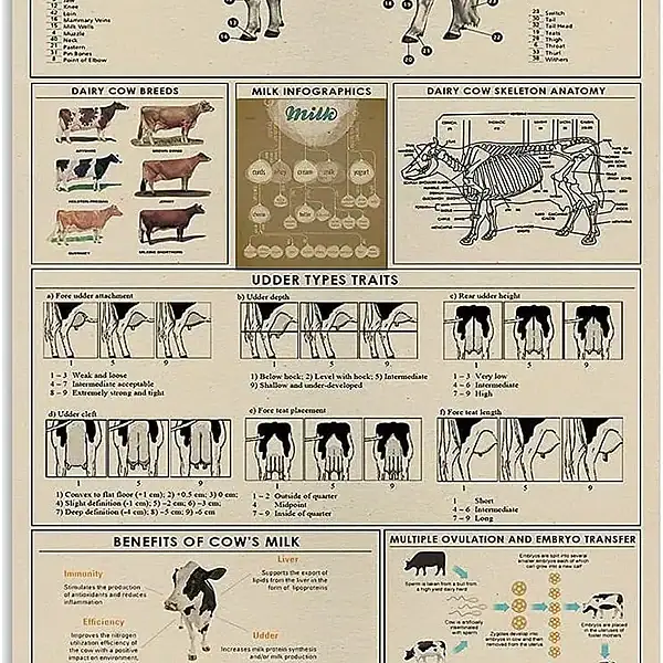 Vache laitière illustrée avec détails anatomiques, races et traits spécifiques, accompagnée d'infographies sur la production de lait, la génétique et la reproduction bovine.