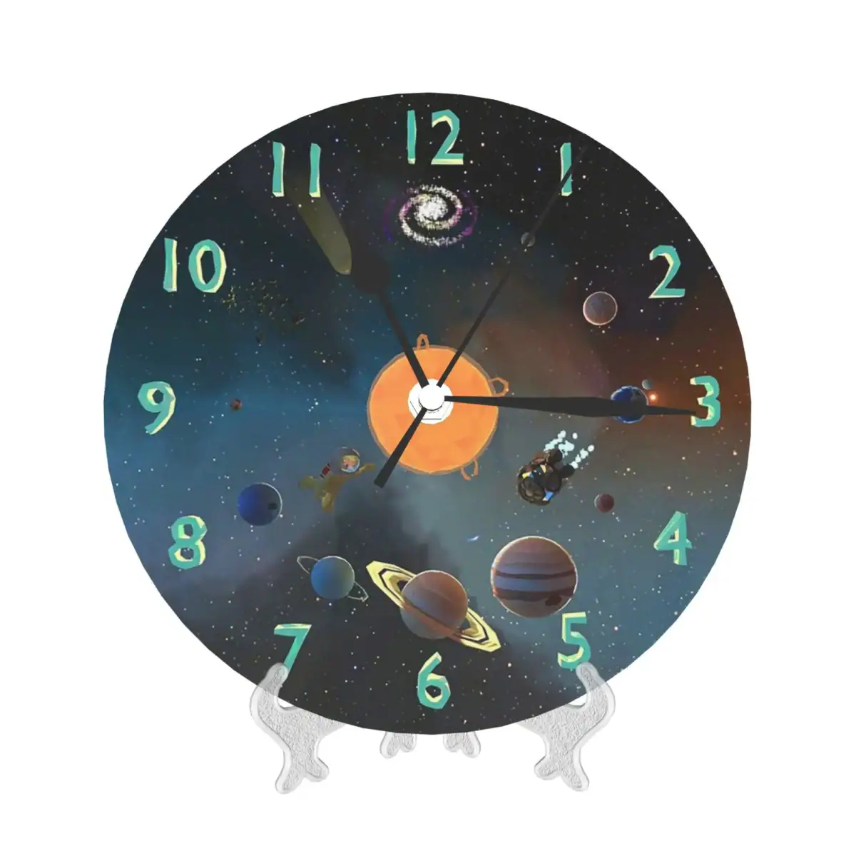 Panneau d'horloge décoratif représentant un thème spatial avec planètes, étoiles et astronautes dans l'espace. Parfait pour une décoration scientifique ou pour les amateurs d'astronomie.