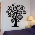 Décoration murale représentant un arbre avec des icônes scientifiques telles que microscope, atome, livre, éprouvette, et autres symboles liés à la science, idéal pour un espace éducatif ou scientifiq.