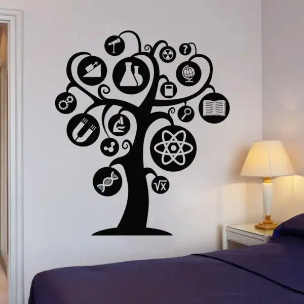 Décoration murale représentant un arbre avec des icônes scientifiques telles que microscope, atome, livre, éprouvette, et autres symboles liés à la science, idéal pour un espace éducatif ou scientifiq.
