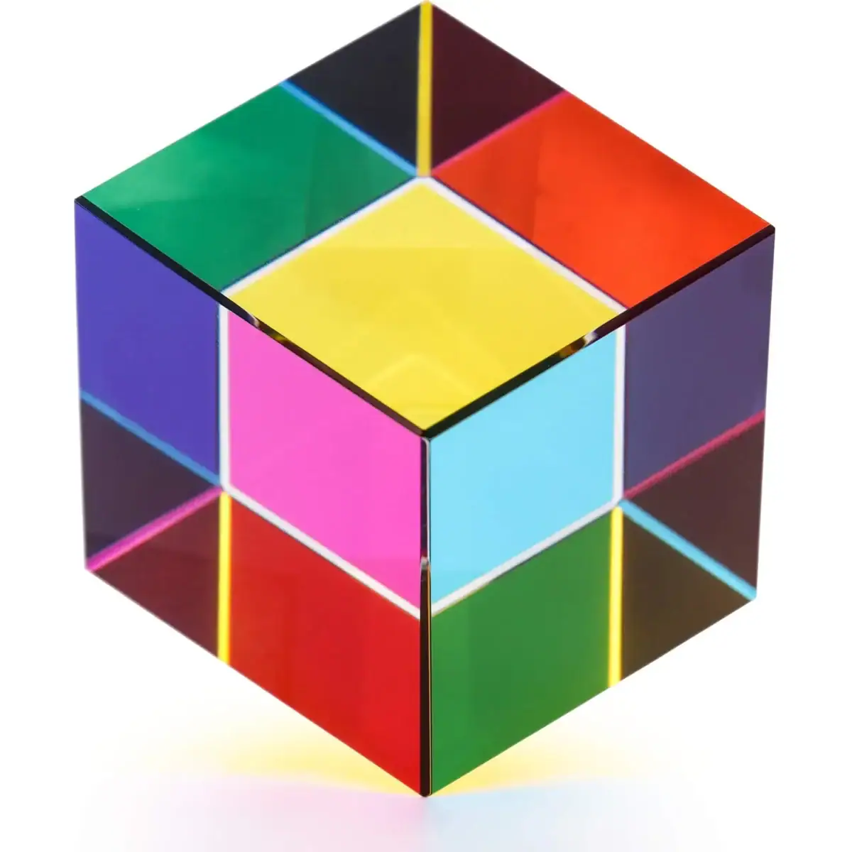 Cube lumineux en acrylique coloré, parfait pour la décoration de science ou comme objet de collection lumineux.