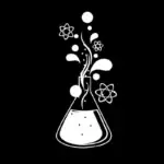 Vase de chimie stylisé avec bulles et atomes flottants, symbole de science et de recherche. Idéal pour décoration scientifique ou pour un univers éducatif.