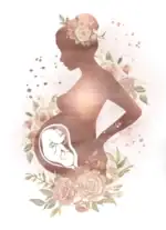 Silhouette féminine avec fleurs et symbole de grossesse, illustrant la maternité et la beauté féminine dans un style artistique doux et floral.