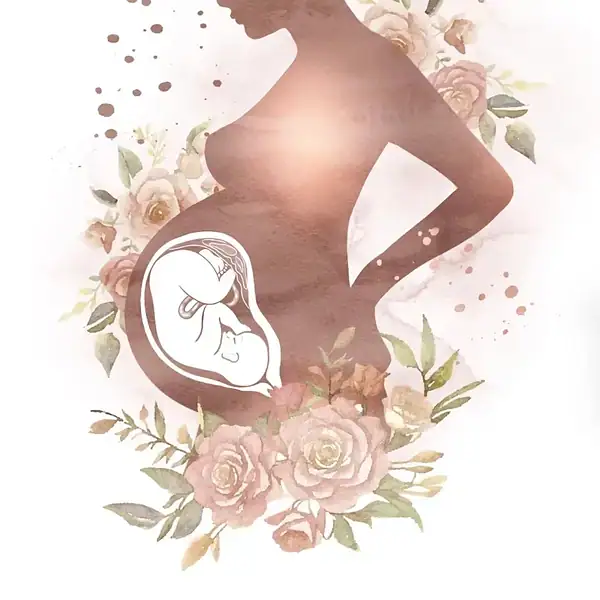Silhouette féminine avec fleurs et symbole de grossesse, illustrant la maternité et la beauté féminine dans un style artistique doux et floral.