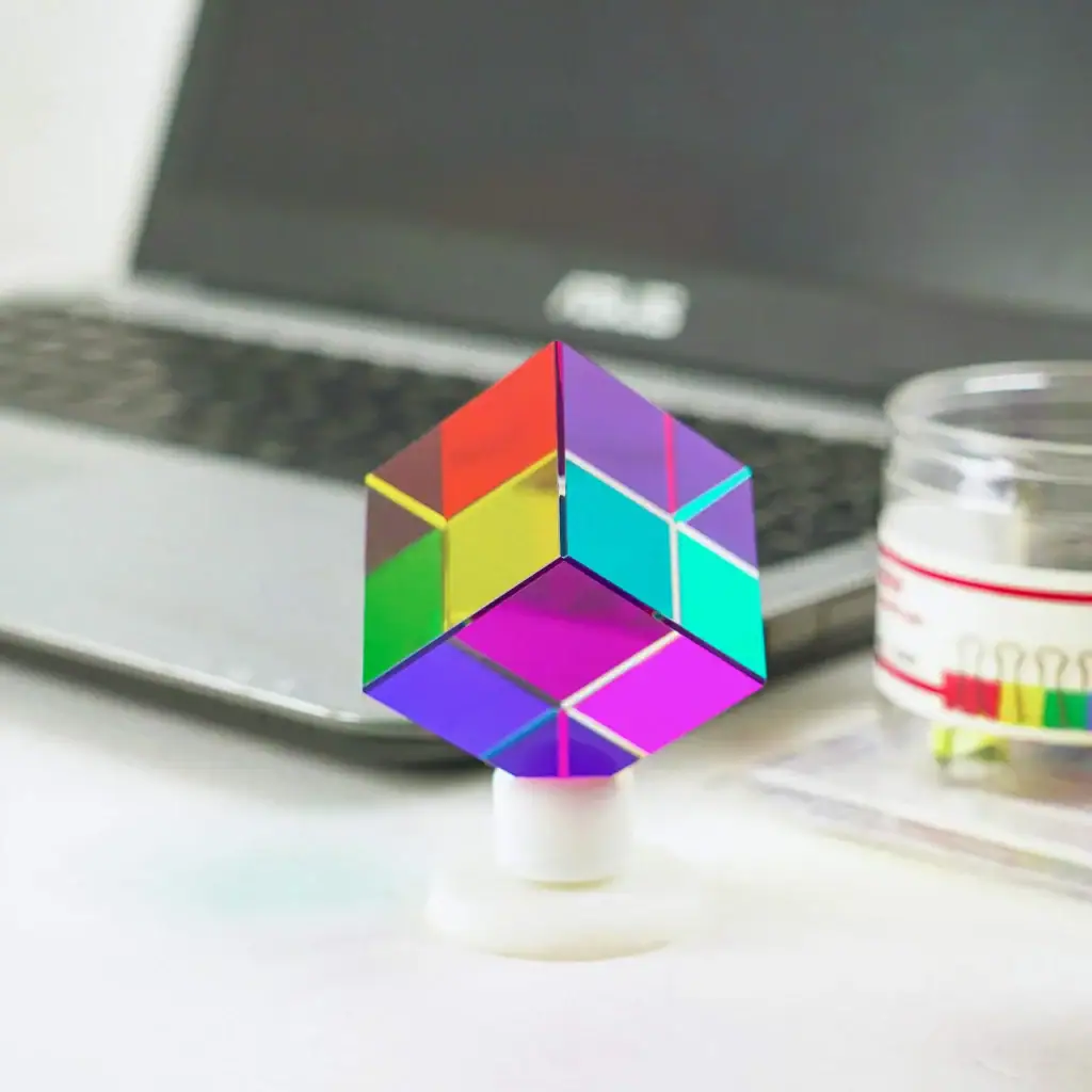Cube de réflexion coloré pour décoration scientifique et éducative.