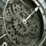 Horloge avec engrenages métalliques visibles, montrant le mécanisme interne d'une horloge industrielle.