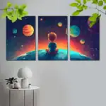Illustration artistique d'un enfant assis sur la Terre, regardant un ciel étoilé avec des planètes colorées, évoquant la curiosité scientifique et l'exploration spatiale.
