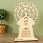Panneau calendrier perpétuel en bois avec affichage des jours, mois et dates, idéal pour la décoration de bureau ou d'étagère à thème scientifique.