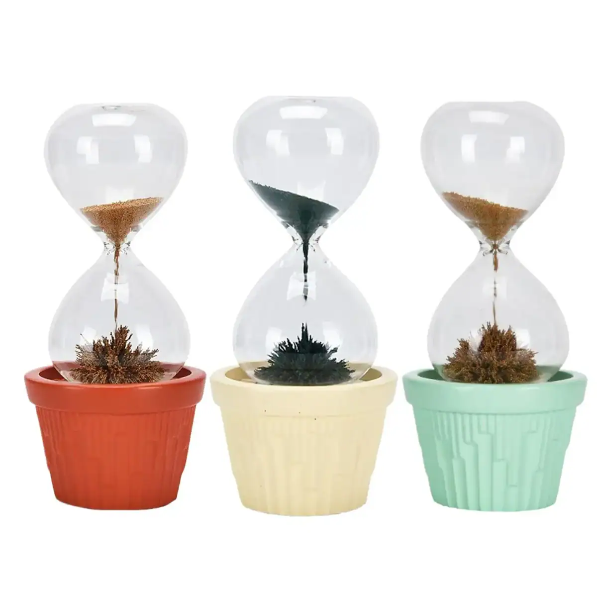 Sablier de sable décoratif avec plantes en pot, idéal pour la décoration scientifique ou botanique, en trois couleurs : rouge, beige et vert.