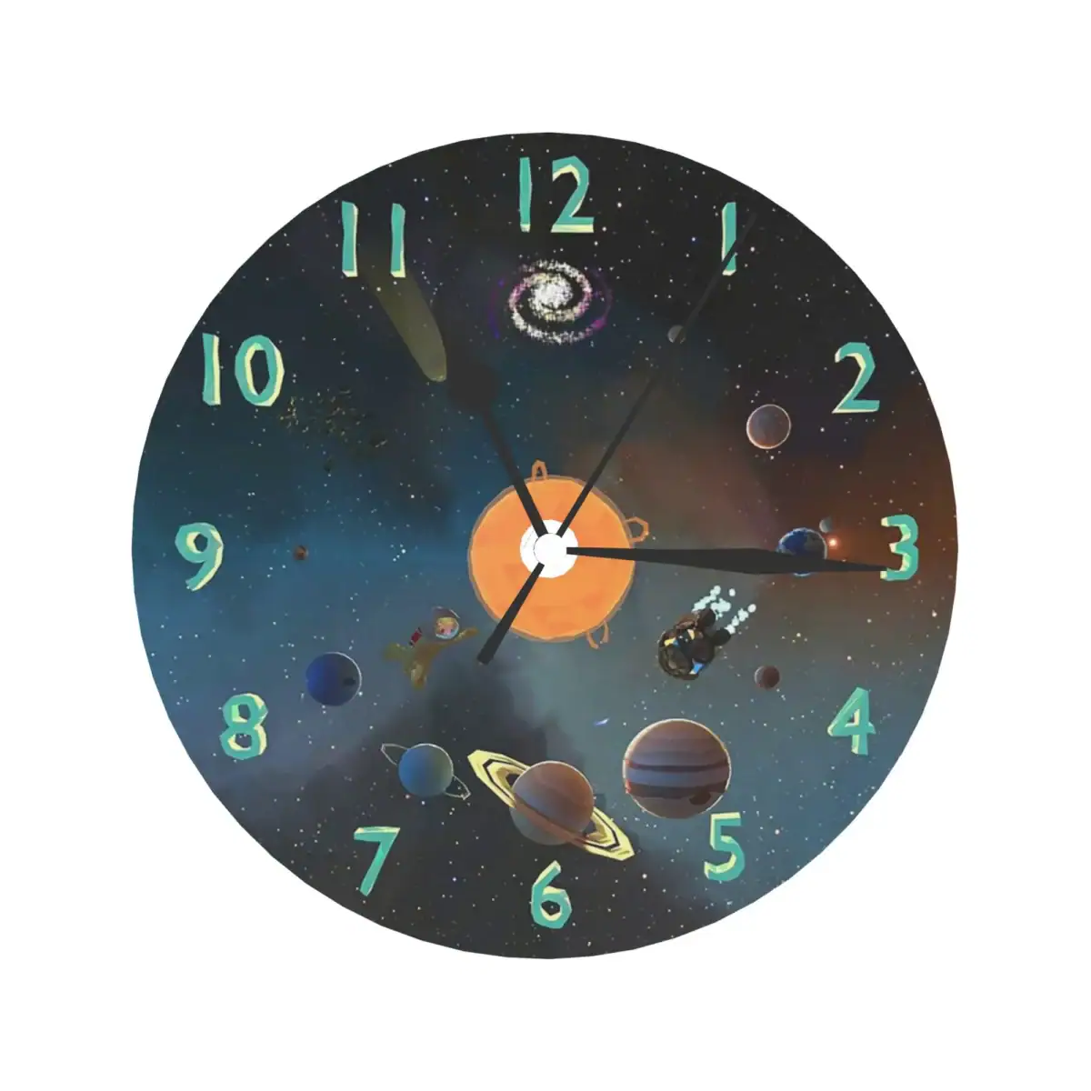 Horloge murale avec design de l'espace, planètes et galaxie, idéale pour décoration scientifique ou thématique spatiale.