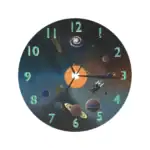 Horloge murale avec design de l'espace, planètes et galaxie, idéale pour décoration scientifique ou thématique spatiale.