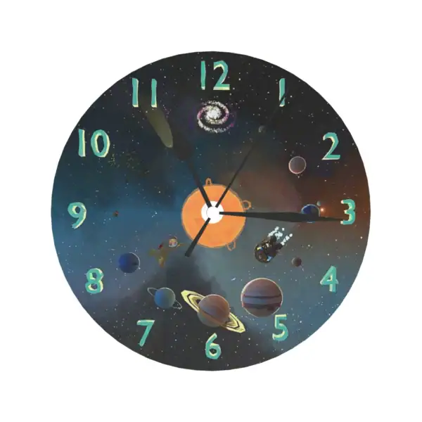 Horloge murale avec design de l'espace, planètes et galaxie, idéale pour décoration scientifique ou thématique spatiale.