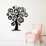 Décoration murale représentant un arbre scientifique avec des icônes de laboratoire, de chimie, de biologie et de physique, idéale pour un espace éducatif ou scientifique.