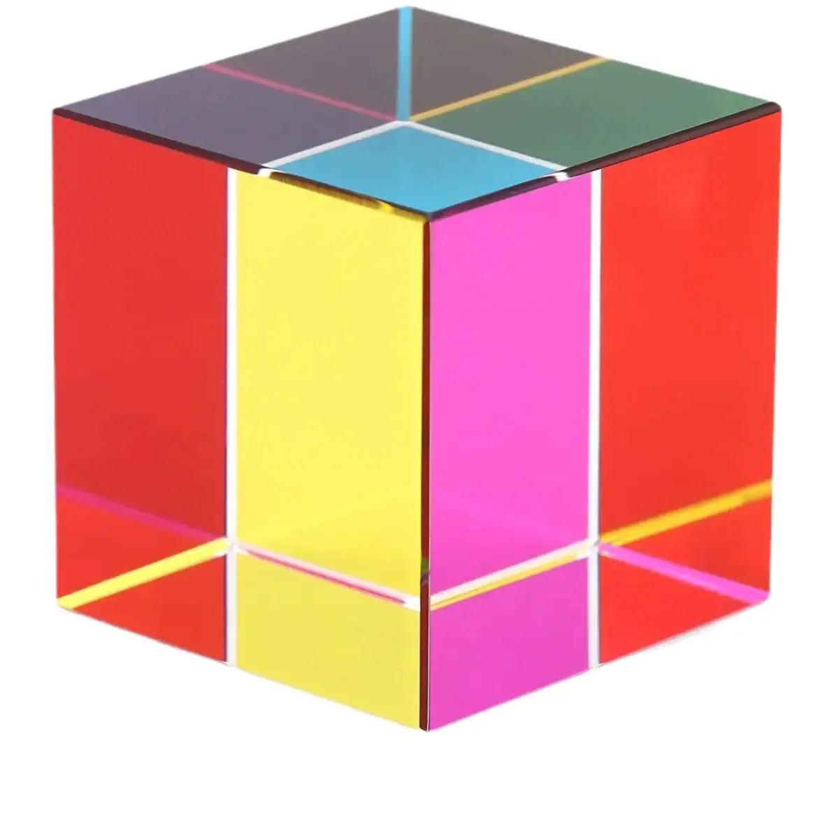 Cube lumineux avec lignes fluorescentes multicolores, aspect moderne et scientifique, parfait pour la décoration ou comme objet de collection.