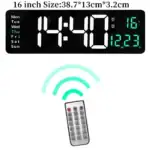 Horloge numérique LED de 16 pouces avec affichage de l'heure, de la température et de la date, accompagnée d'une télécommande pour une utilisation pratique.